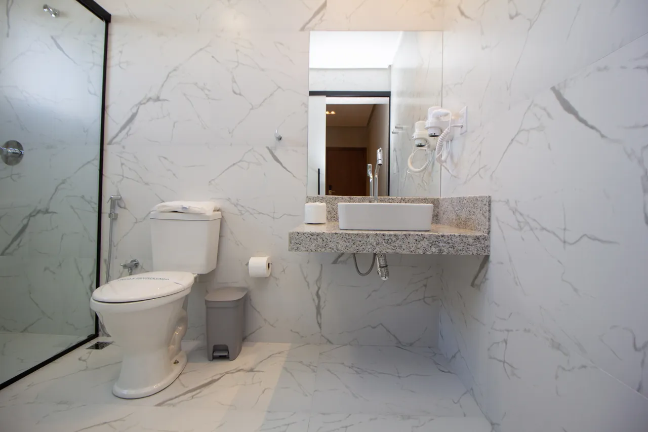 Bathroom of the Accessible Suite, with a wall-mounted counter and glass shower
