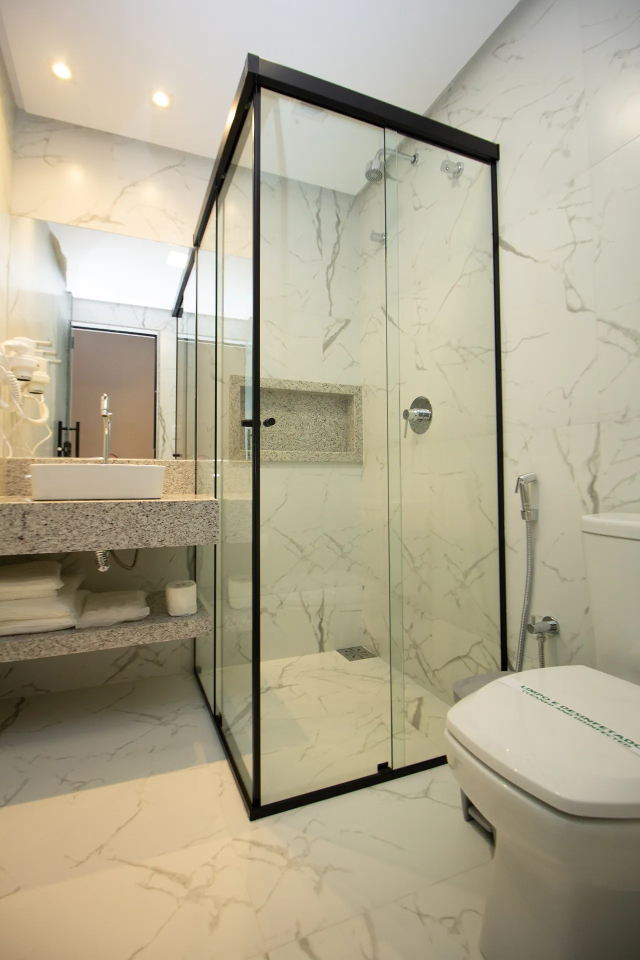 Suite bathroom, with a glass shower and stone counter