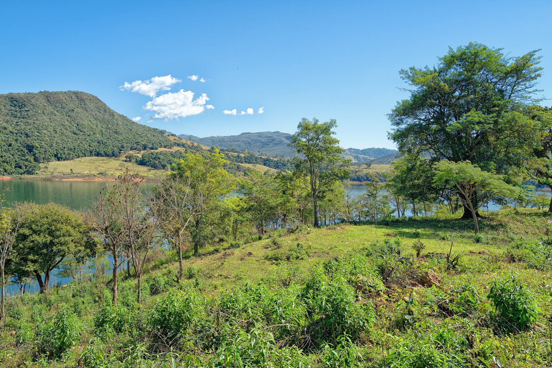 Paisaje de cerros y vegetación a orillas del Lago de Furnas, en Capitólio